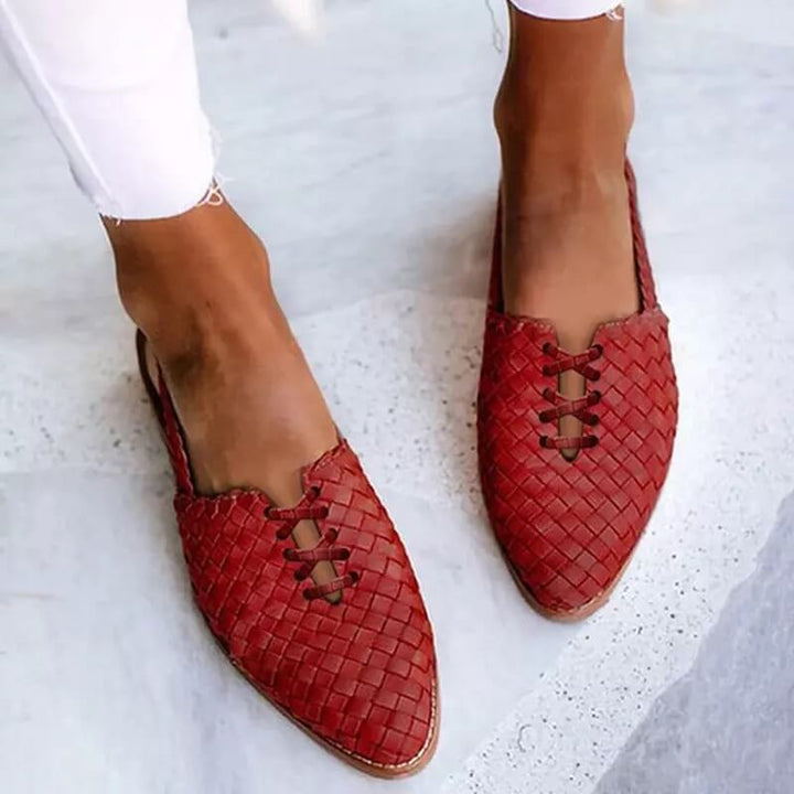 Chic women's closed-toe sandals with slip-on design, elegant detailing, side view, ideal for casual summer wear.