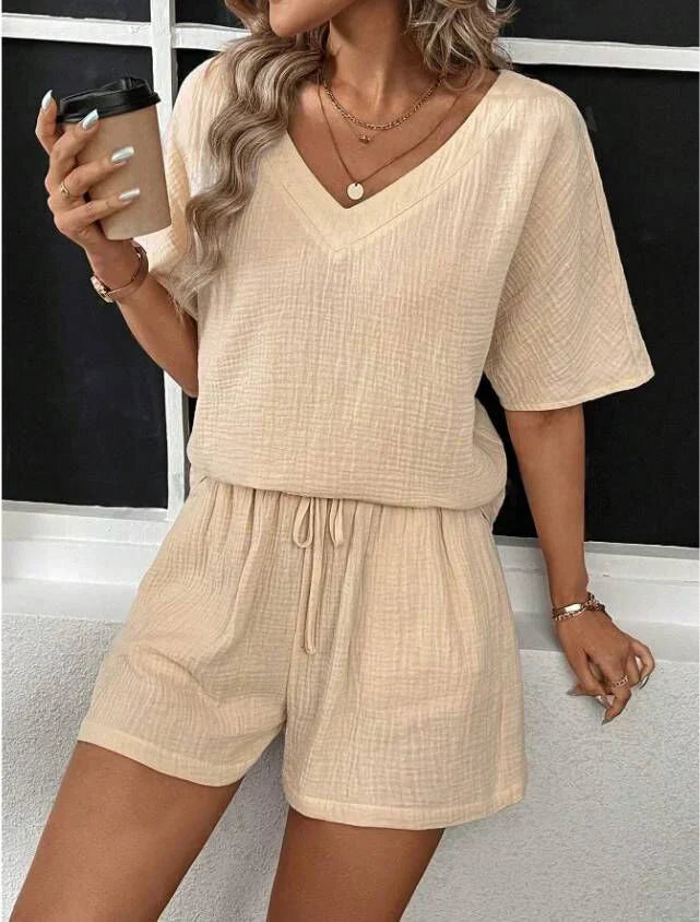 "Chic women's V-neck top and shorts set in beige, black, green, orange, pink, ideal for casual outings."