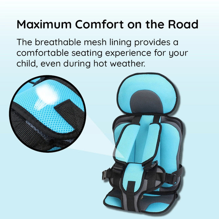 Child car cushion seat in red for ages 0-12, showcasing soft, compact design and secure restraints for safe, comfortable trav