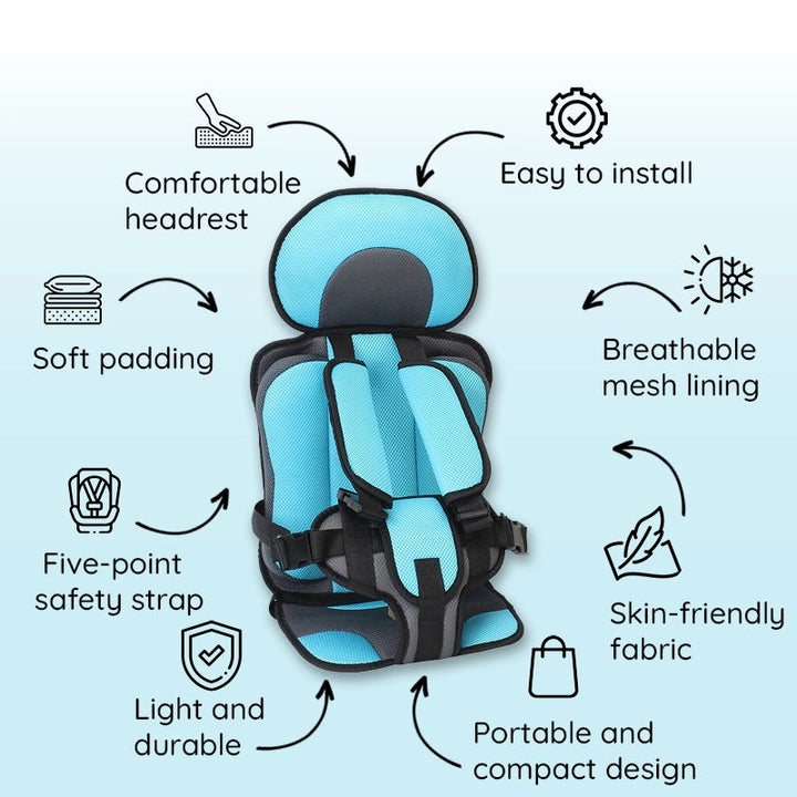 Child car cushion seat in red for ages 0-12, showcasing soft, compact design and secure restraints for safe, comfortable trav