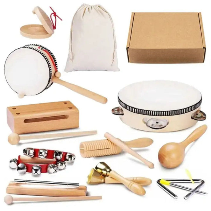 "Children's wooden music kit with hand drum, maracas, tambourine, fostering creativity and motor skills in young musicians."