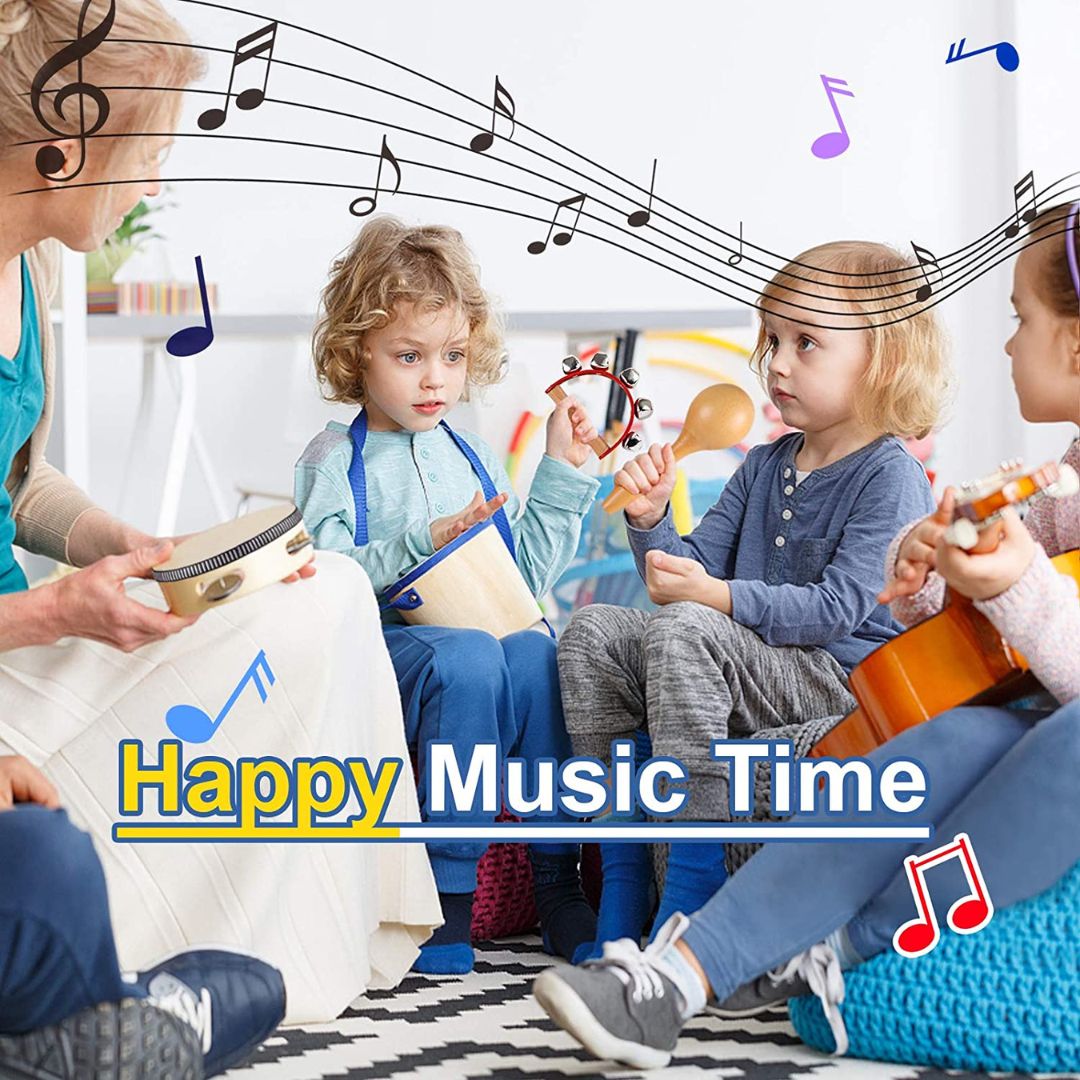 "Children's wooden music kit with hand drum, maracas, tambourine, fostering creativity and motor skills in young musicians."