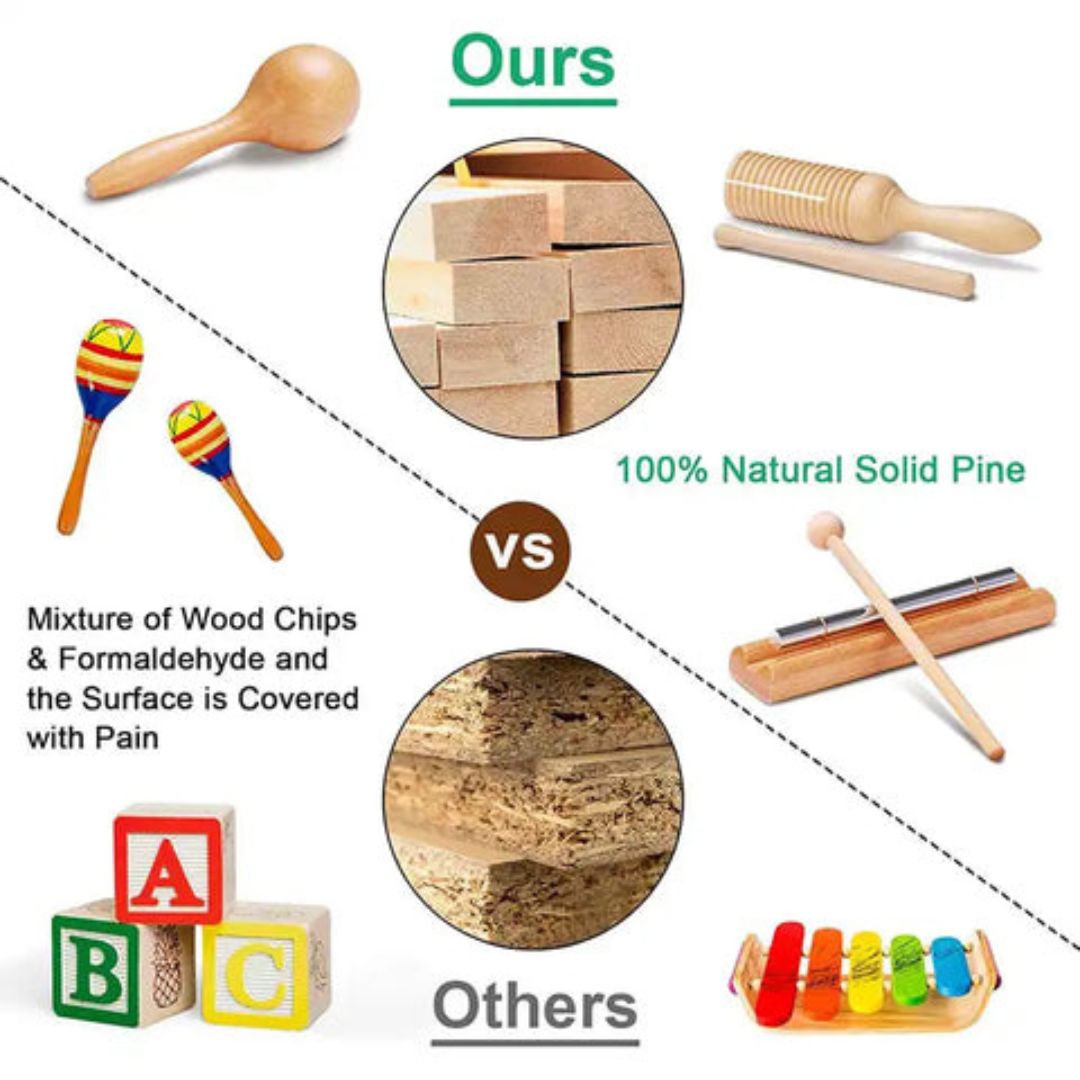 "Children's wooden music kit with hand drum, maracas, tambourine, fostering creativity and motor skills in young musicians."