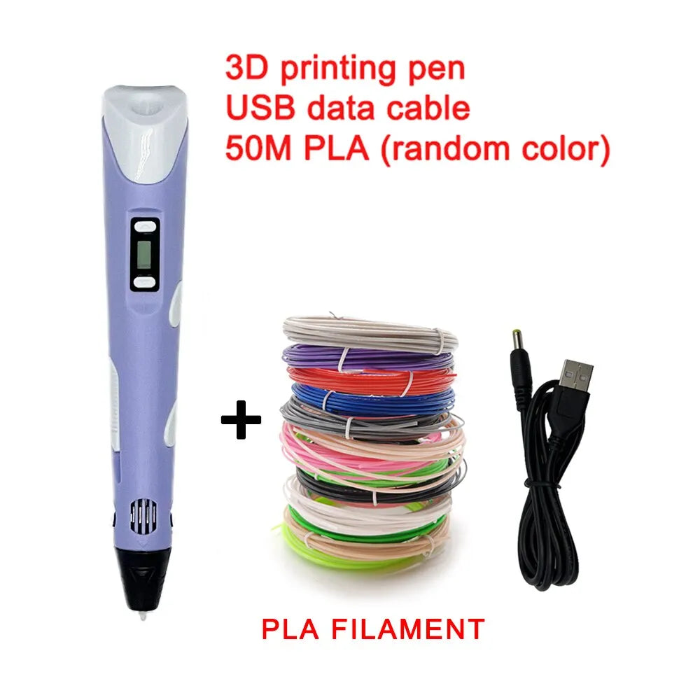 Colorful 3D drawing pen with an LCD screen for kids, featuring vibrant colors and adjustable settings for creative fun.
