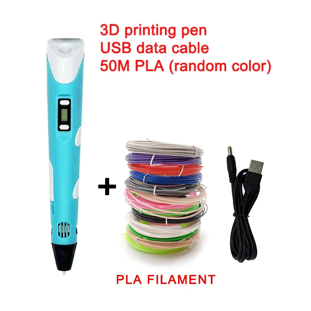Colorful 3D drawing pen with an LCD screen for kids, featuring vibrant colors and adjustable settings for creative fun.