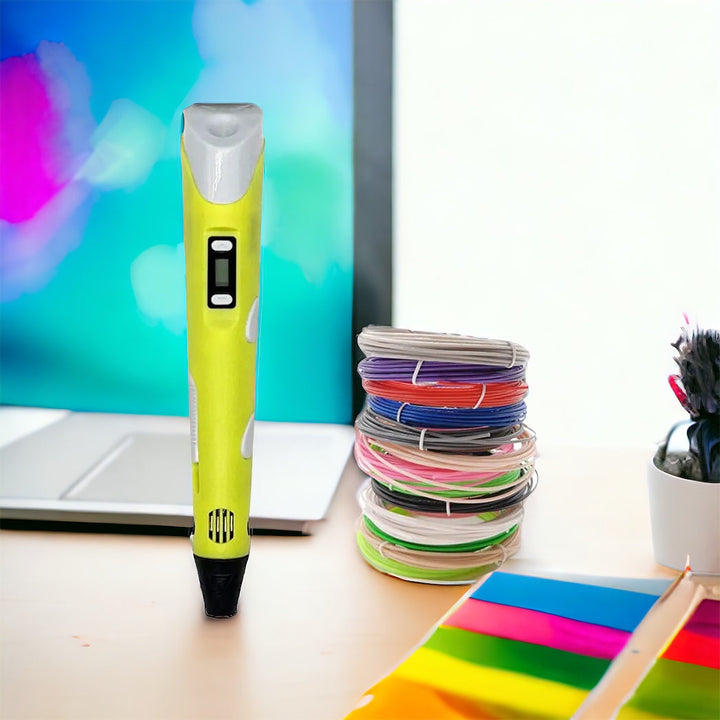 Colorful 3D drawing pen with an LCD screen for kids, featuring vibrant colors and adjustable settings for creative fun.