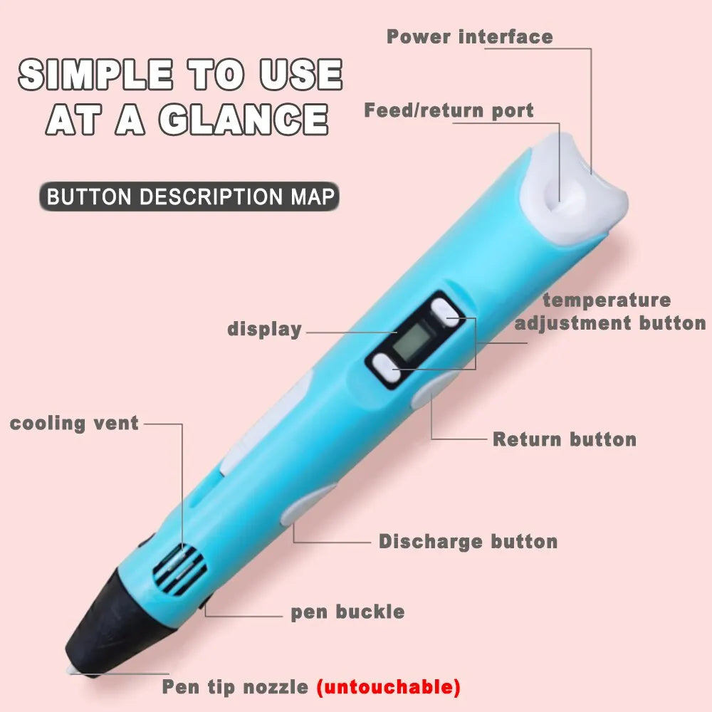 Colorful 3D drawing pen with an LCD screen for kids, featuring vibrant colors and adjustable settings for creative fun.