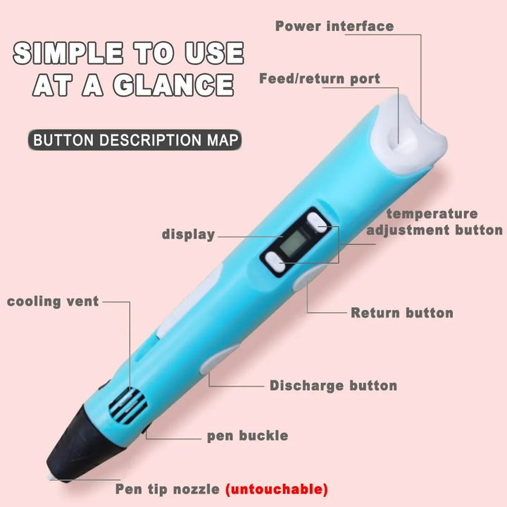 Colorful 3D drawing pen with an LCD screen for kids, featuring vibrant colors and adjustable settings for creative fun.