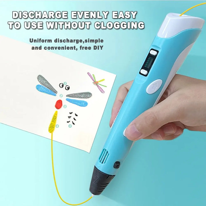 Colorful 3D drawing pen with an LCD screen for kids, featuring vibrant colors and adjustable settings for creative fun.