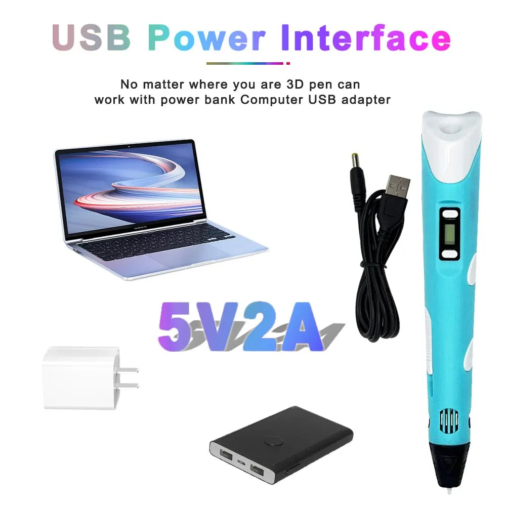 Colorful 3D drawing pen with an LCD screen for kids, featuring vibrant colors and adjustable settings for creative fun.