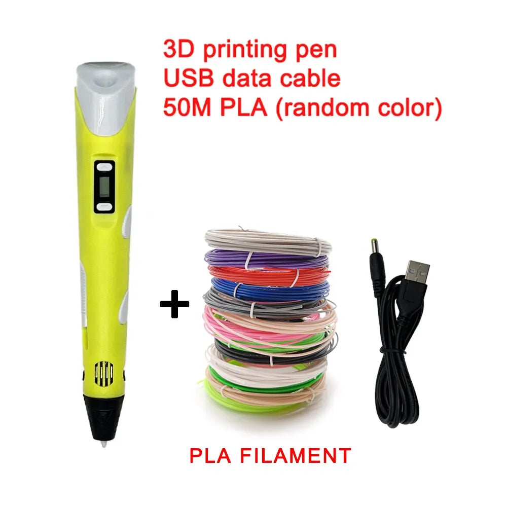 Colorful 3D drawing pen with an LCD screen for kids, featuring vibrant colors and adjustable settings for creative fun.