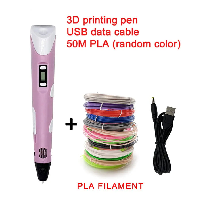 Colorful 3D drawing pen with an LCD screen for kids, featuring vibrant colors and adjustable settings for creative fun.