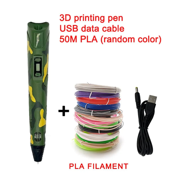 Colorful 3D drawing pen with an LCD screen for kids, featuring vibrant colors and adjustable settings for creative fun.