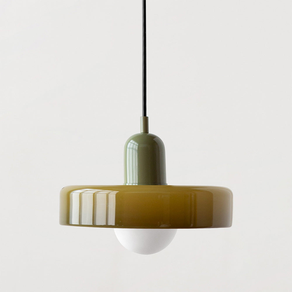 Colorful Bauhaus pendant light with vibrant stained glass design in white, orange, and green. Ideal ceiling lamps for home de