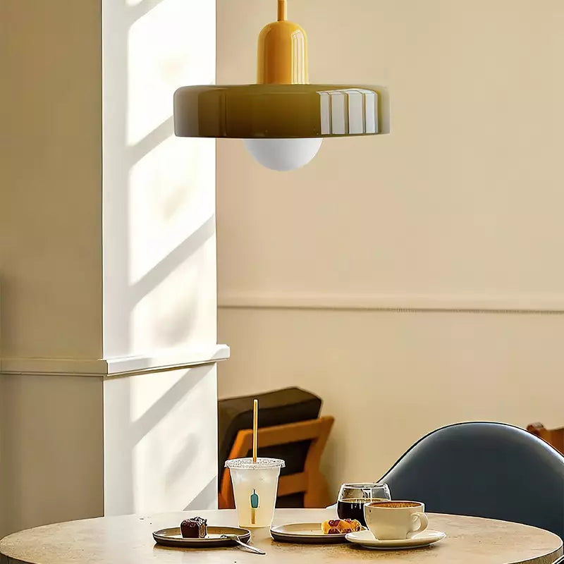 Colorful Bauhaus pendant light with vibrant stained glass design in white, orange, and green. Ideal ceiling lamps for home de