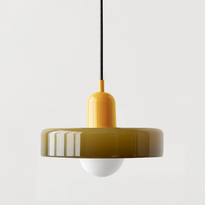 Colorful Bauhaus pendant light with vibrant stained glass design in white, orange, and green. Ideal ceiling lamps for home de