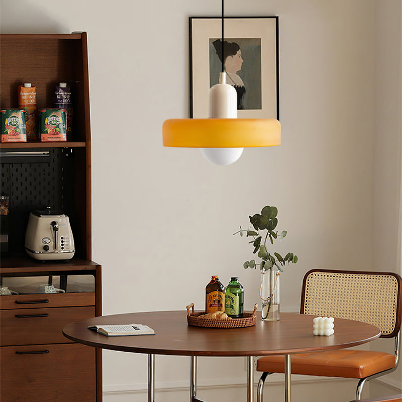 Colorful Bauhaus pendant light with vibrant stained glass design in white, orange, and green. Ideal ceiling lamps for home de