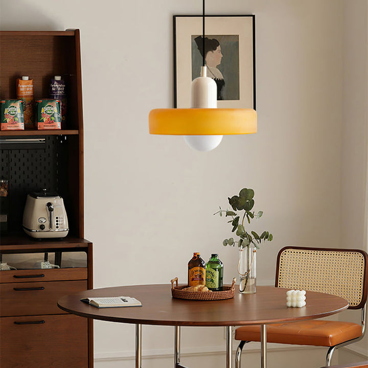 Colorful Bauhaus pendant light with vibrant stained glass design in white, orange, and green. Ideal ceiling lamps for home de