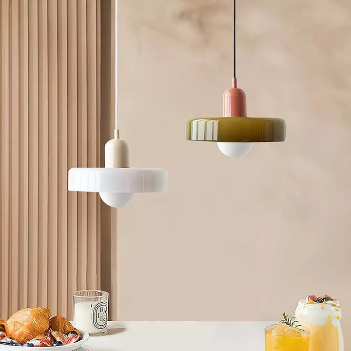 Colorful Bauhaus pendant light with vibrant stained glass design in white, orange, and green. Ideal ceiling lamps for home de