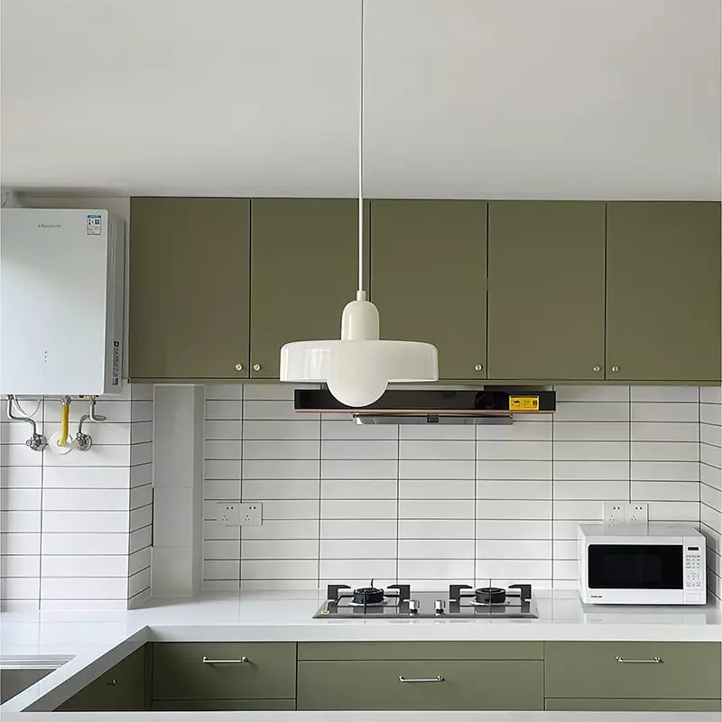 Colorful Bauhaus pendant light with vibrant stained glass design in white, orange, and green. Ideal ceiling lamps for home de