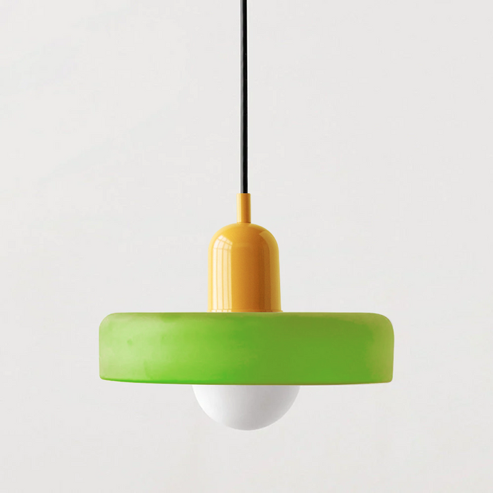 Colorful Bauhaus pendant light with vibrant stained glass design in white, orange, and green. Ideal ceiling lamps for home de