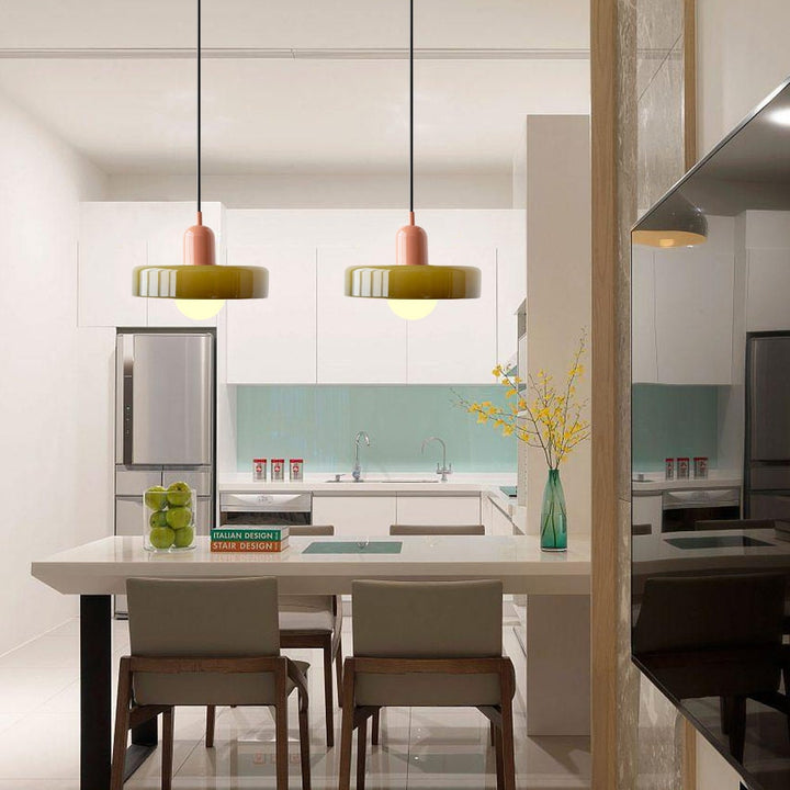Colorful Bauhaus pendant light with vibrant stained glass design in white, orange, and green. Ideal ceiling lamps for home de