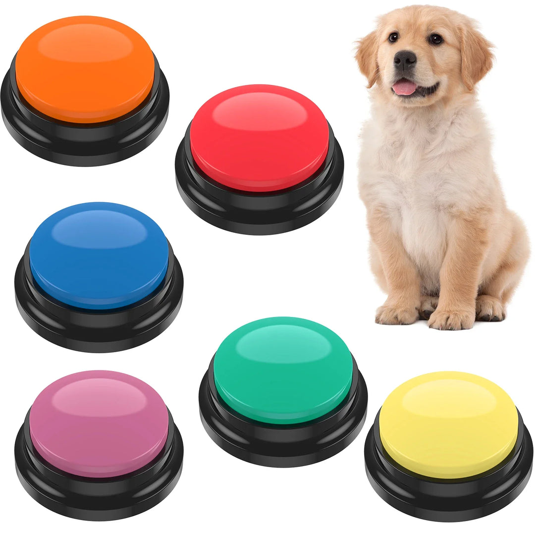"Colorful dog training voice recording buttons for communication, shown in a set with vibrant colors, enhancing pet interacti