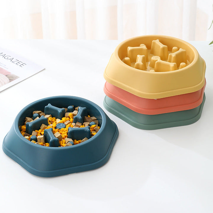 "Colorful slow eating feeding bowl for dogs with bone-shaped obstacles, promoting healthy digestion and reducing choking risk