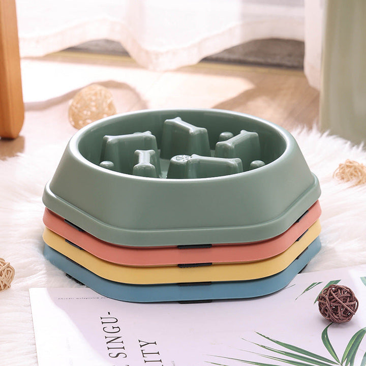 "Colorful slow eating feeding bowl for dogs with bone-shaped obstacles, promoting healthy digestion and reducing choking risk