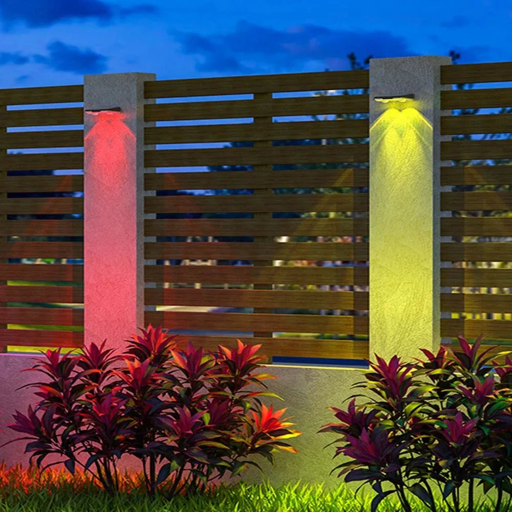 Colorful solar fence lights, 7-Color LED, sleek design, bright outdoor wall lights for gardens, patios, IP65 waterproof.