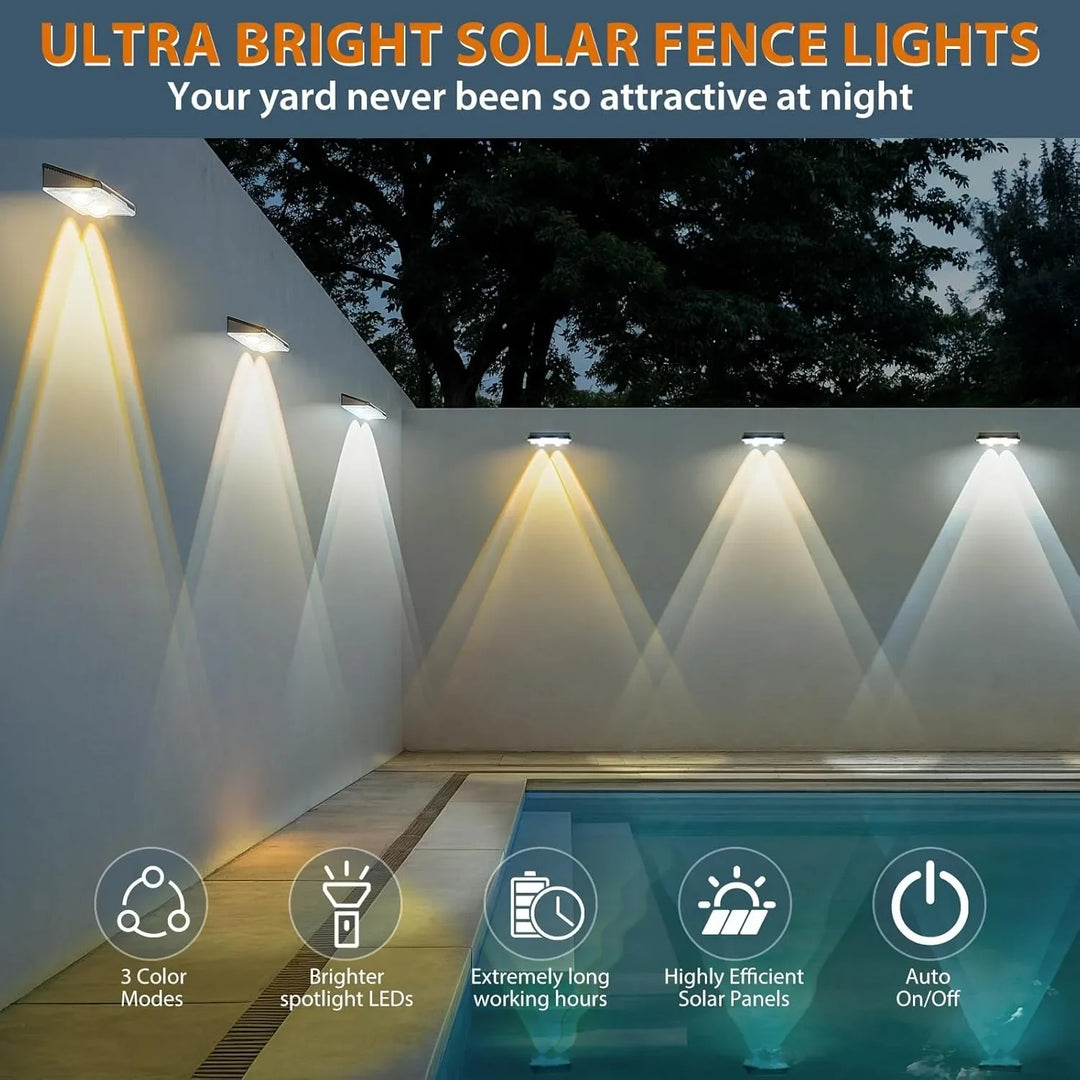 Colorful solar fence lights, 7-Color LED, sleek design, bright outdoor wall lights for gardens, patios, IP65 waterproof.