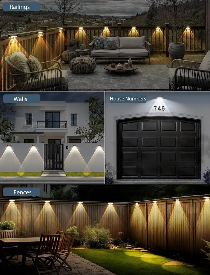 Colorful solar fence lights, 7-Color LED, sleek design, bright outdoor wall lights for gardens, patios, IP65 waterproof.