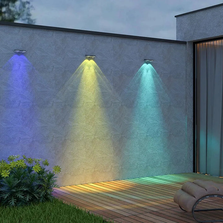 Colorful solar fence lights, 7-Color LED, sleek design, bright outdoor wall lights for gardens, patios, IP65 waterproof.