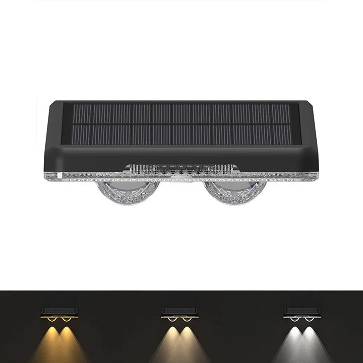 Colorful solar fence lights, 7-Color LED, sleek design, bright outdoor wall lights for gardens, patios, IP65 waterproof.