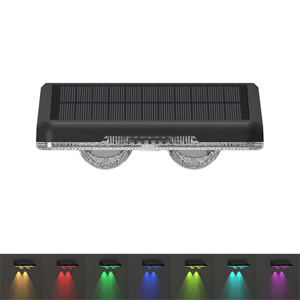 Colorful solar fence lights, 7-Color LED, sleek design, bright outdoor wall lights for gardens, patios, IP65 waterproof.