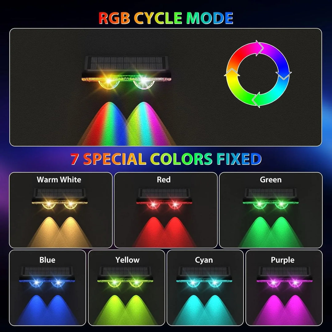 Colorful solar fence lights, 7-Color LED, sleek design, bright outdoor wall lights for gardens, patios, IP65 waterproof.
