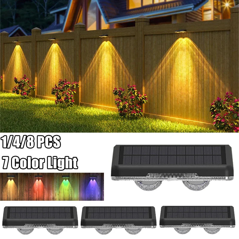 Colorful solar fence lights, 7-Color LED, sleek design, bright outdoor wall lights for gardens, patios, IP65 waterproof.