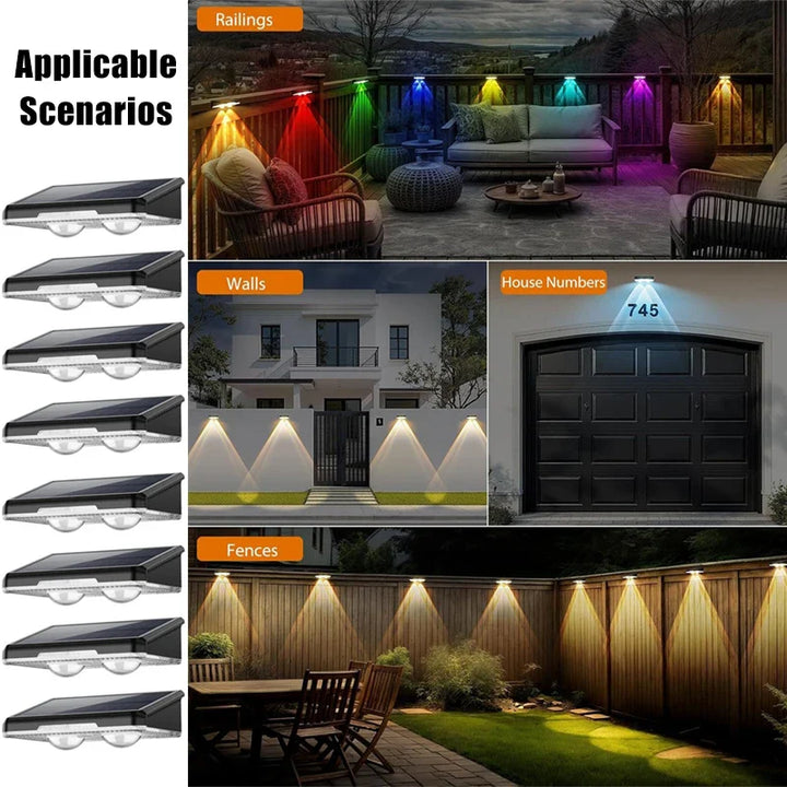 Colorful solar fence lights, 7-Color LED, sleek design, bright outdoor wall lights for gardens, patios, IP65 waterproof.