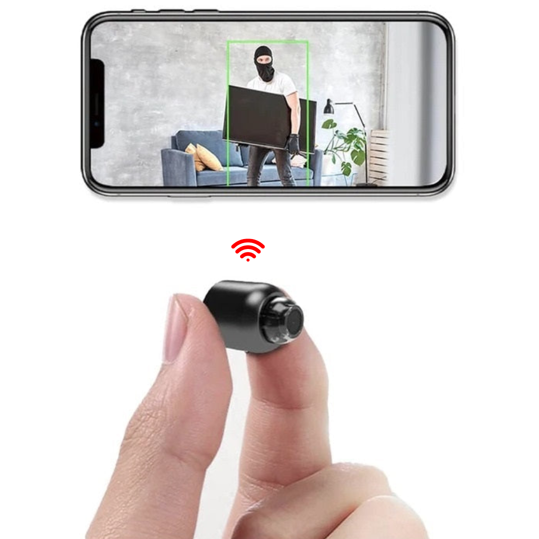 "Compact 1080P HD wireless mini security camera with night vision, features wide-angle lens ideal for discreet home surveilla