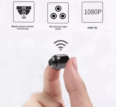 "Compact 1080P HD wireless mini security camera with night vision, features wide-angle lens ideal for discreet home surveilla
