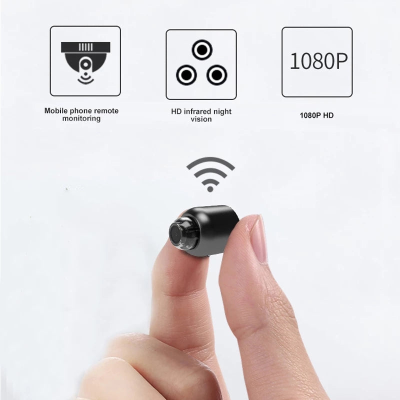 "Compact 1080P wireless security camera with night vision and motion detection; perfect for discreet home or office surveilla