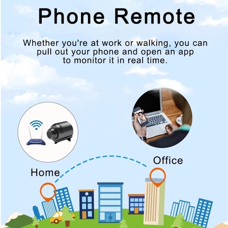 "Compact 1080P wireless security camera with night vision and motion detection; perfect for discreet home or office surveilla