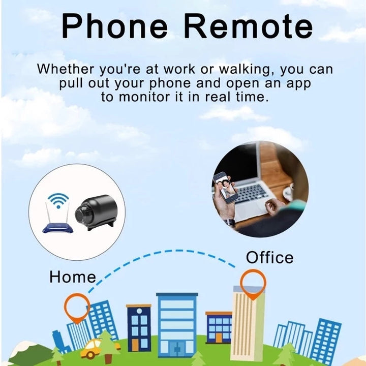 "Compact 1080P wireless security camera with night vision and motion detection; perfect for discreet home or office surveilla