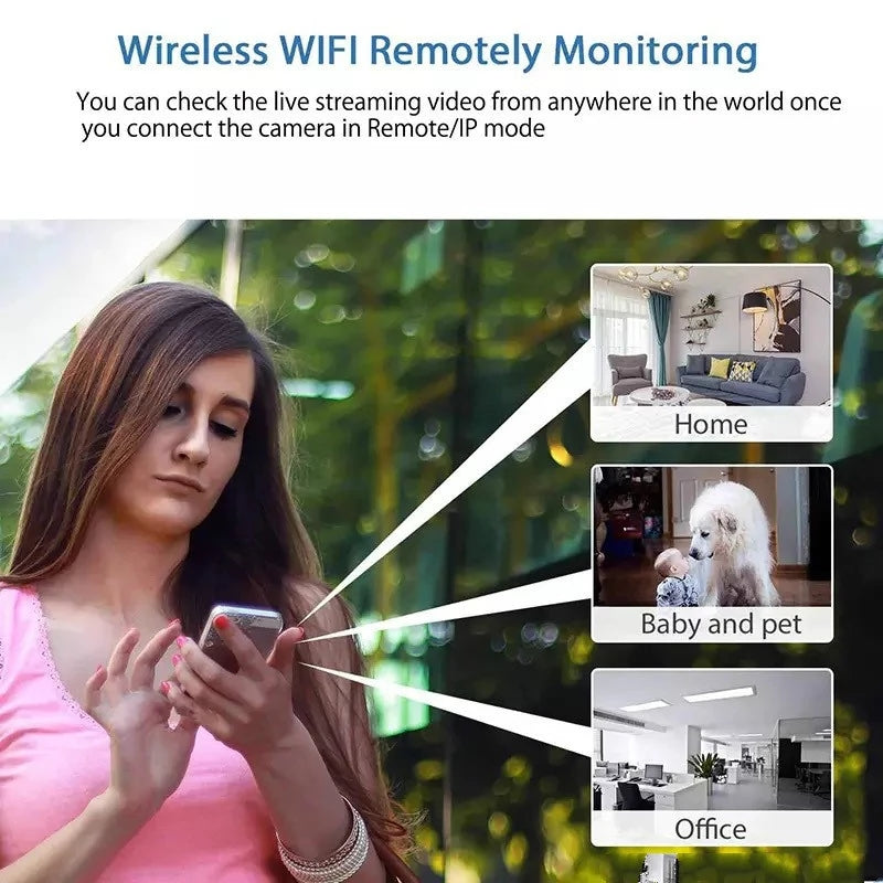 "Compact 1080P wireless security camera with night vision and motion detection; perfect for discreet home or office surveilla