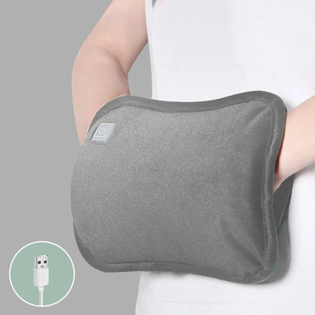 "Compact 2-in-1 Electric Hand Warmer with USB Charging, plush exterior, foldable design, ideal for travel and chilly days."