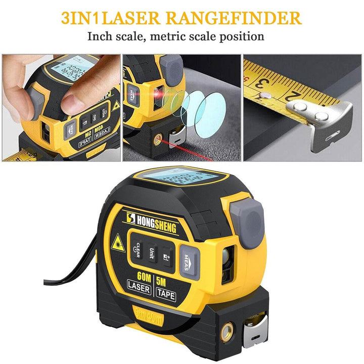 "Compact 3-in-1 laser tape measure with 60m rangefinder, steel tape, cross marker, ABS+TPR shell, LCD display for DIY tasks."