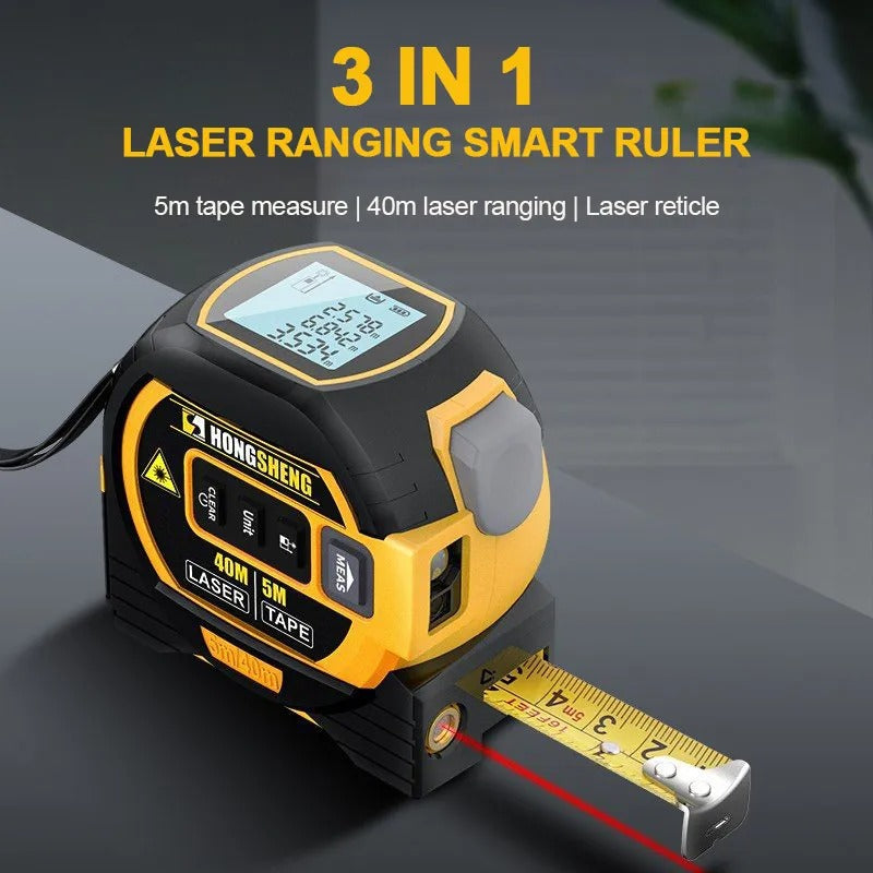 "Compact 3-in-1 laser tape measure with 60m rangefinder, steel tape, cross marker, ABS+TPR shell, LCD display for DIY tasks."