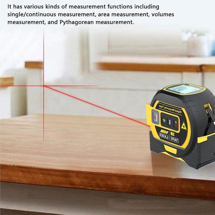 "Compact 3-in-1 laser tape measure with 60m rangefinder, steel tape, cross marker, ABS+TPR shell, LCD display for DIY tasks."