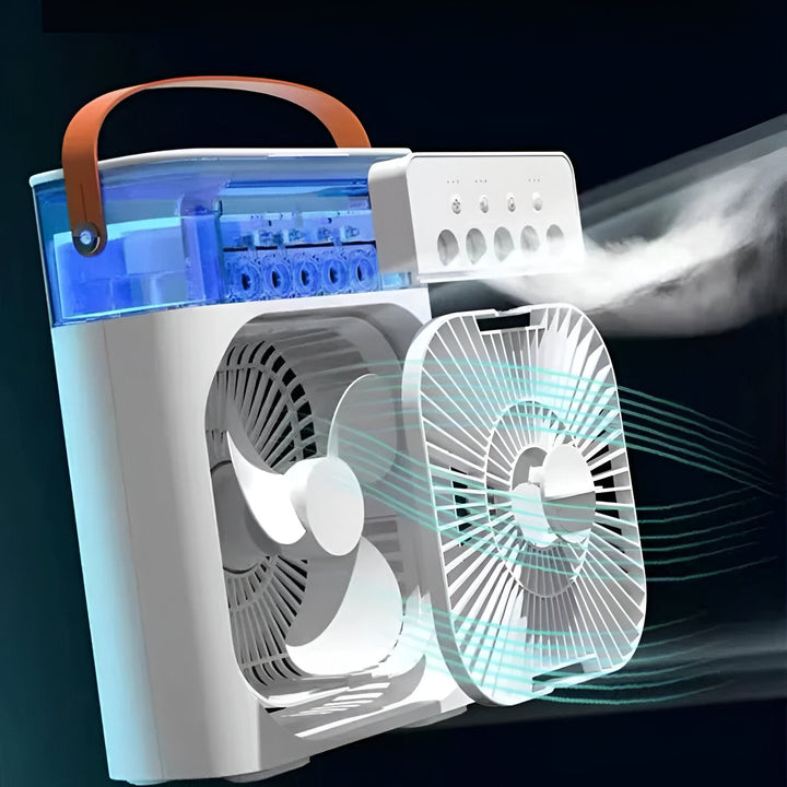 "Compact 3-in-1 portable air cooler humidifier, sleek design, adjustable fan speeds, ideal for small spaces, home or office u