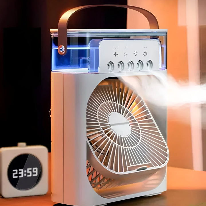 "Compact 3-in-1 portable air cooler humidifier, sleek design, adjustable fan speeds, ideal for small spaces, home or office u